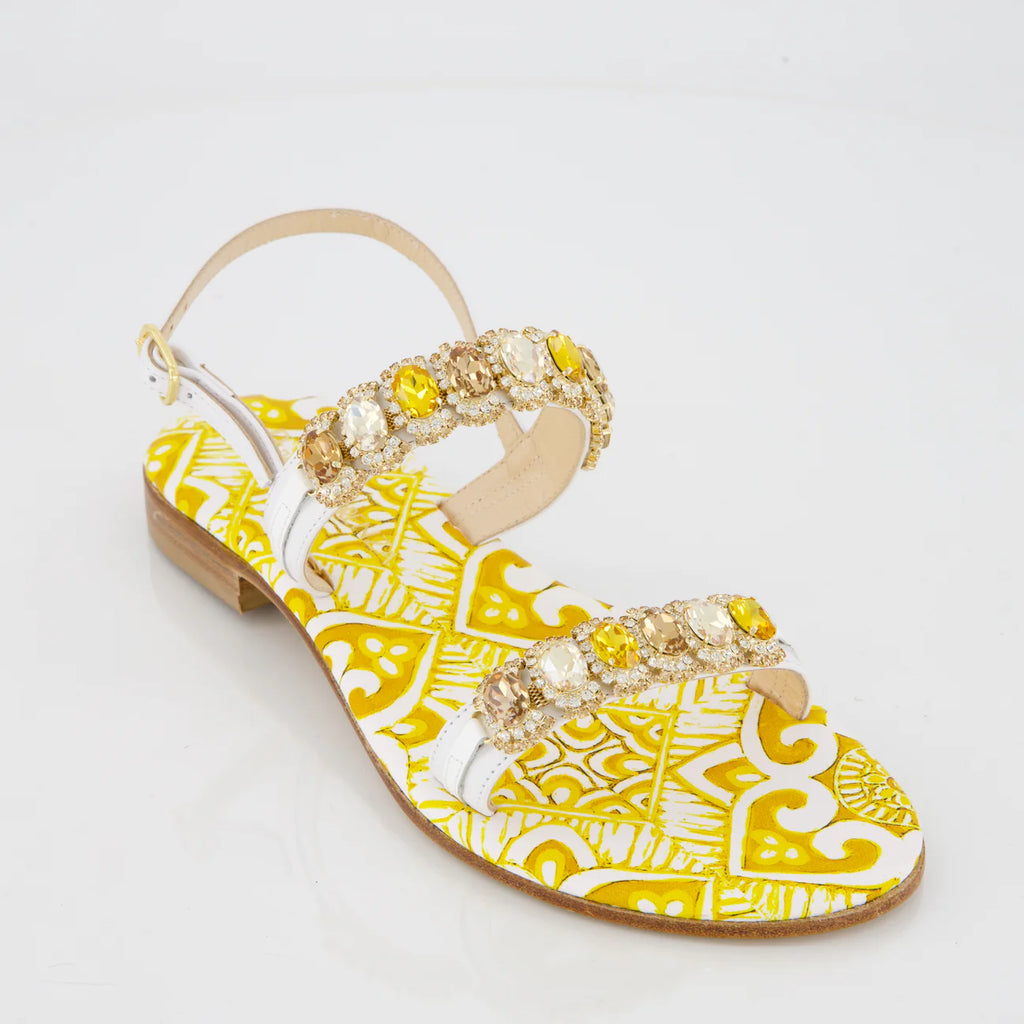 Sandalo doppia fascia maiolica gialla con cristalli