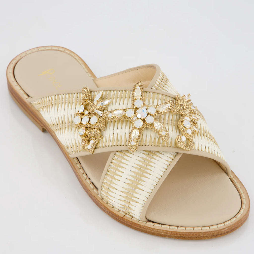 Sandalo in rafia e pelle con accessori marini